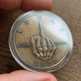 Bronze Skelleton Middle Finger IDGAF coin in Capsule