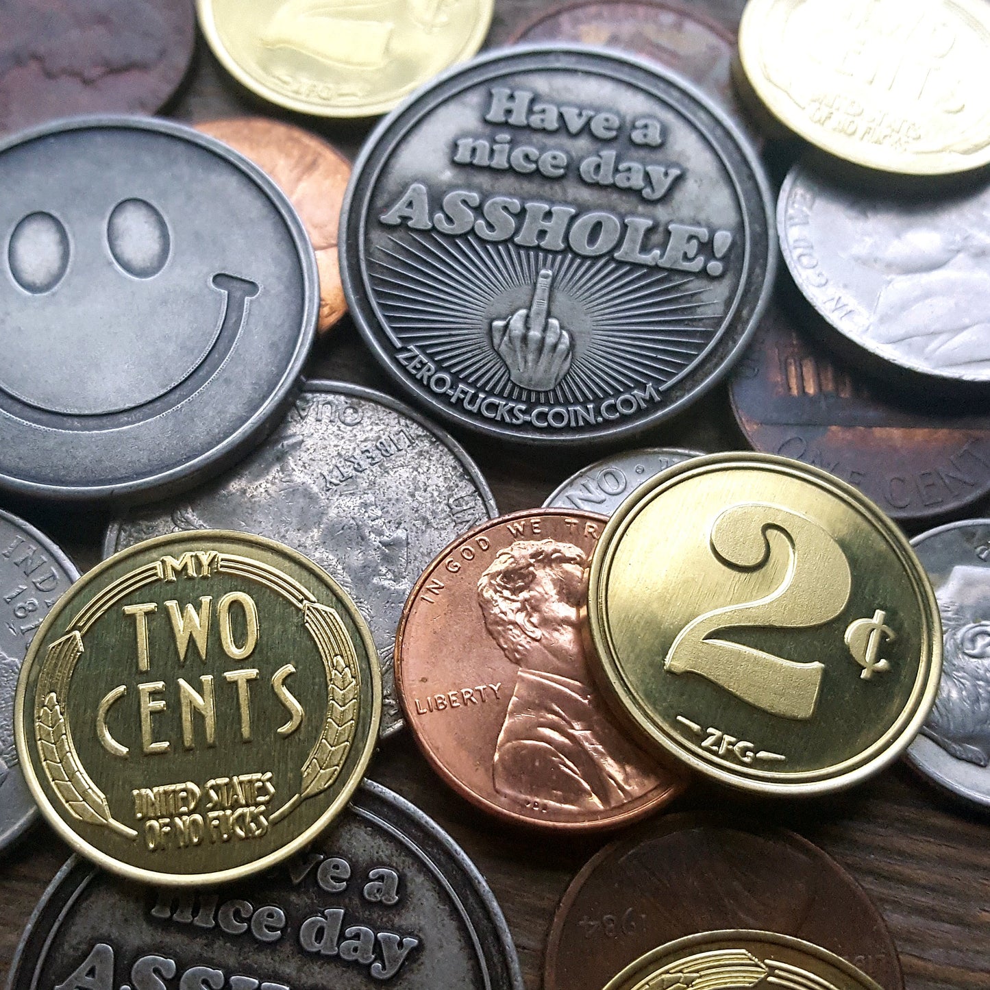 coin size comparison, two cents coins, smiley face coins, US currency