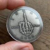Silver Skeleton Middle Finger IDGAF coin in Capsule