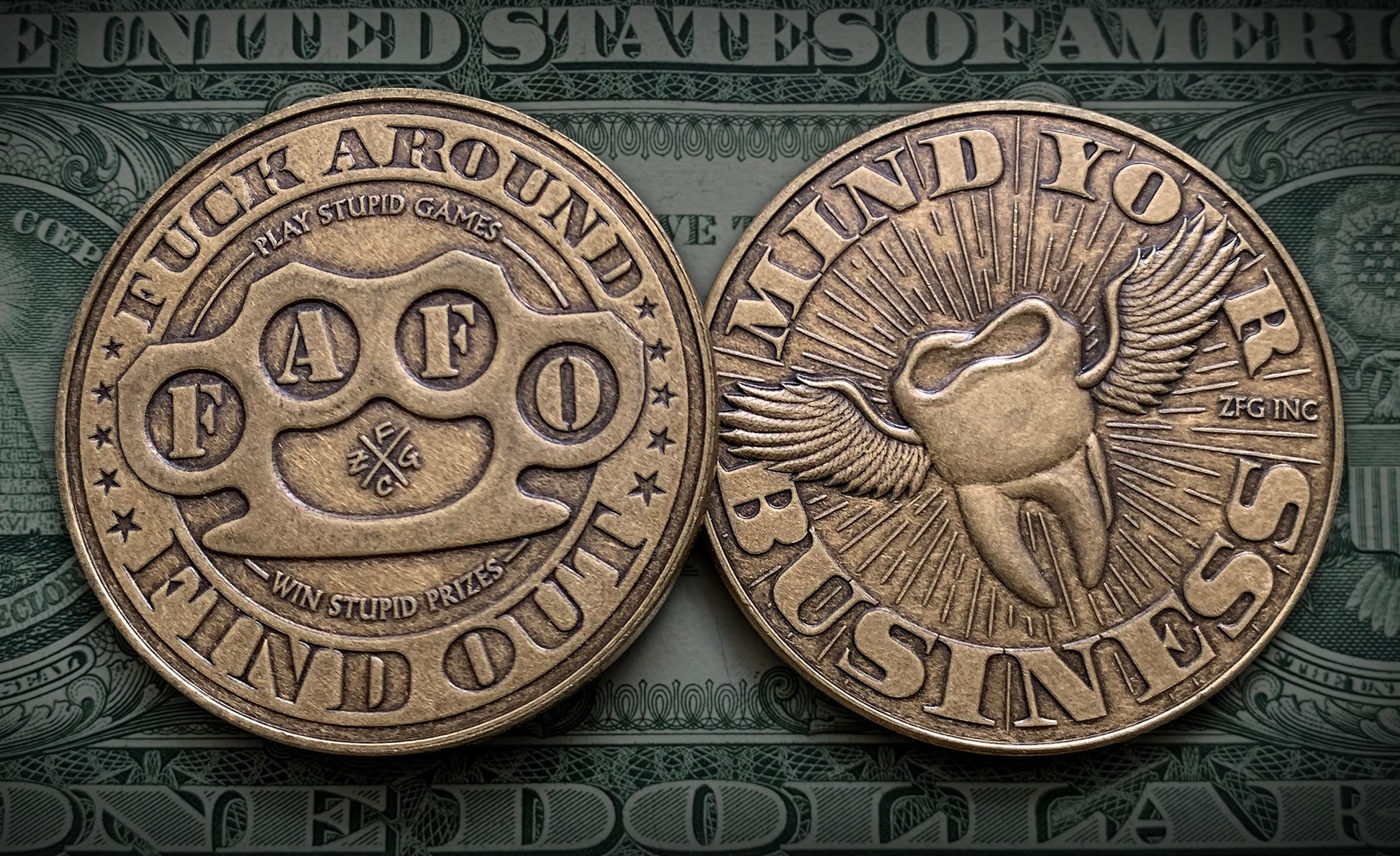 FAFO Coins Front and Back on dollar bill