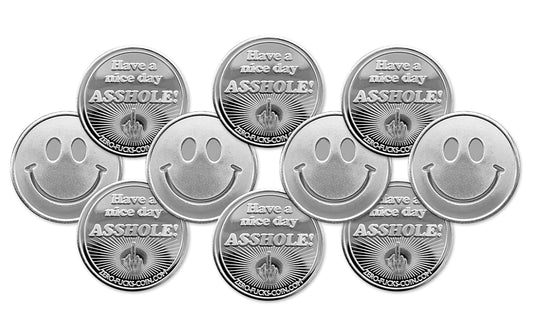 Set of metallic coins with smiley faces and text on a white background