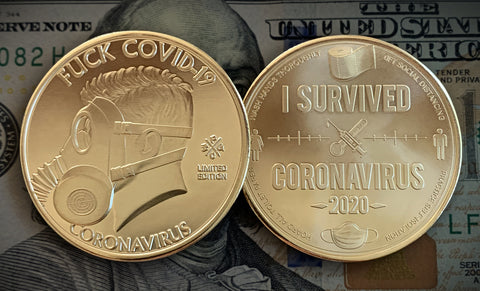 Fuck Covid-19 Coin (Gold), Coronavirus Commemorative Coin (front and back)