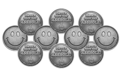 Smiley Face Coin, Have a nice day asshole, coin with middle finger